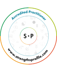 Strengths Profile Accredited Practitioner logo; I am an experienced Strengths Profile coach
