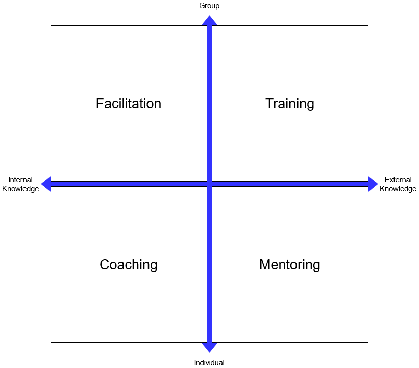 4 quadrant model showing facilitation, training, mentoring and coaching set out depending on whether they are group/individual focus or internal/external knowledge