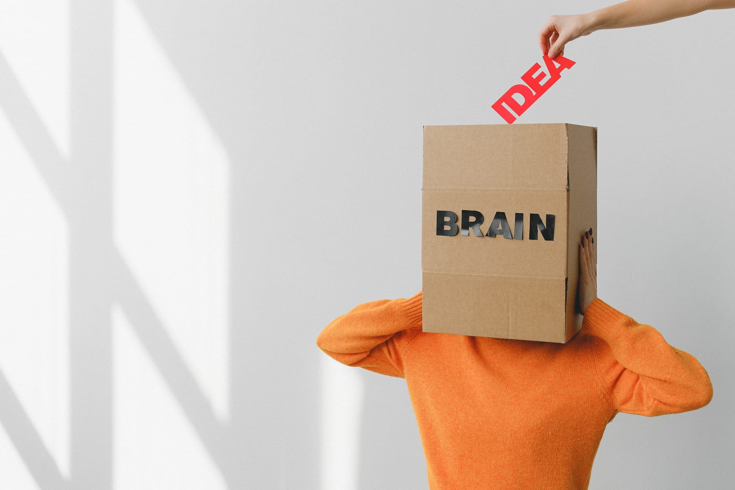 A photo of a person with a box over their head labelled "brain" and a hand putting the word "idea" into the box