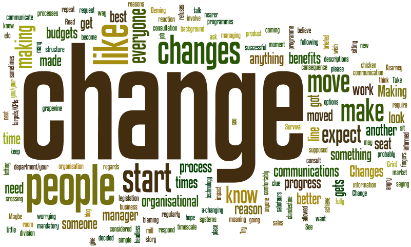 Word cloud. "Change" is the biggest word, surrounded by other words associated with leading and managing change