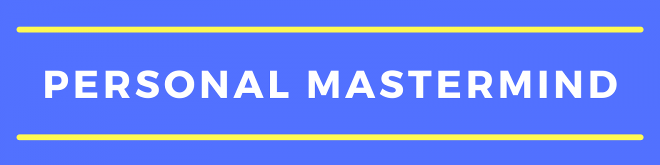 Logo: white text "Personal Mastermind" on blue background with yellow lines above and below text