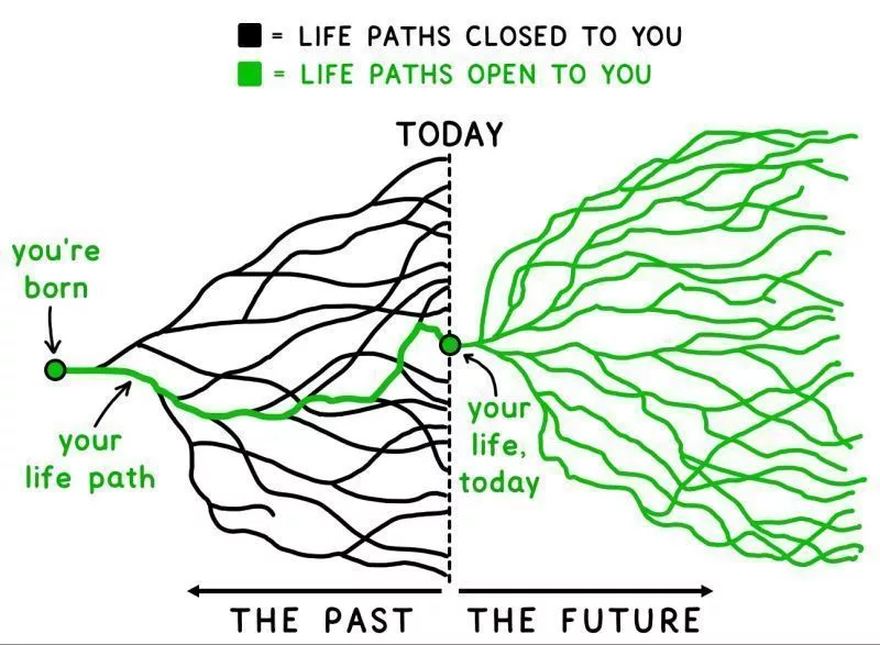 An image divided into two halves in the middle of the image. The left is labelled "the past" and shows a single green line in the middle of many black lines. The green line is labelled "life paths open to you", the black "life paths closed to you". In the middle of the image is a green dot, on the green line, labelled "your life, today". To the right of this dot are many green lines and no black lines.