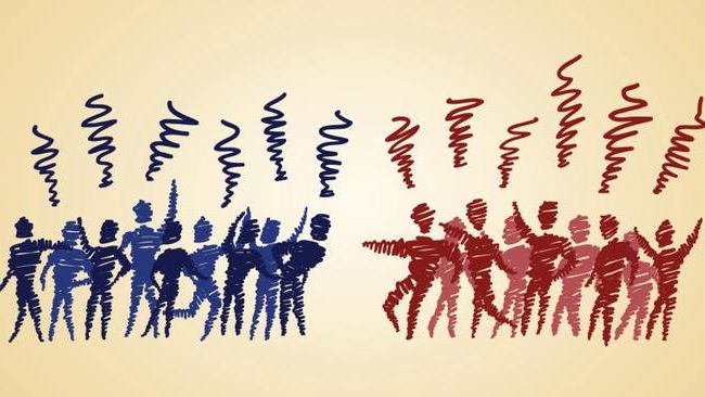 Two groups of people, one red and one blue, pointing at each other with stylised thought bubbles above their heads