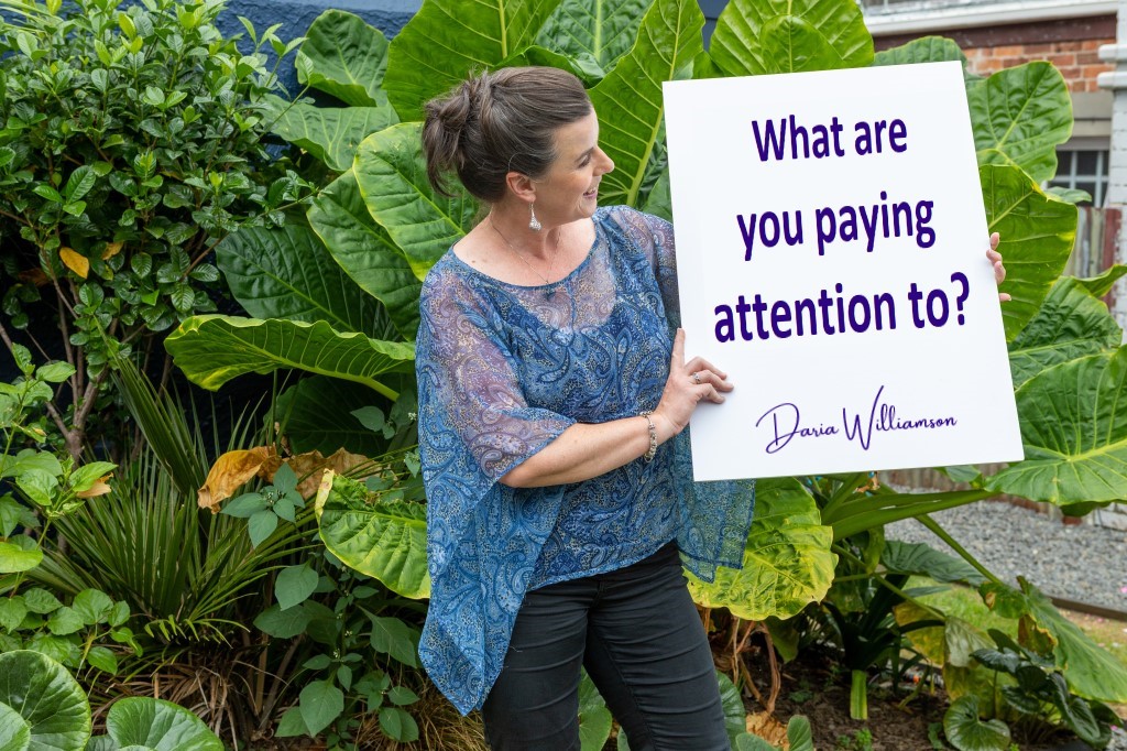 Photo of Daria Williamson holding a board with the words "What are you paying attention to?" and the Daria Williamson logo.
